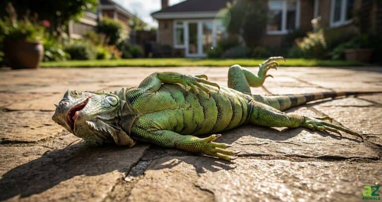 A green iguana lying belly-up and motionless on a stone patio in a sunny backyard.