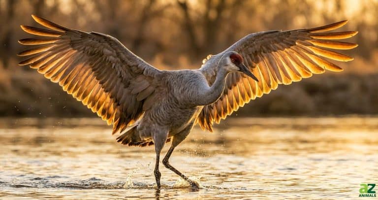 A large sandhill crane landing in a river with its wings spread wide, glowing in the golden light of the setting sun.