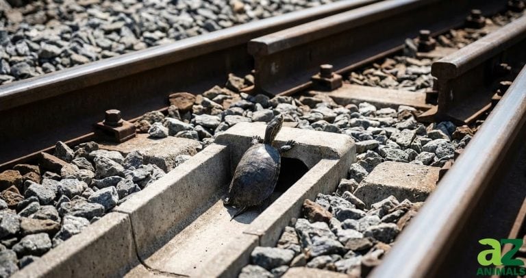 A small turtle crawls through a custom-built concrete trench installed underneath heavy metal train tracks surrounded by gravel.
