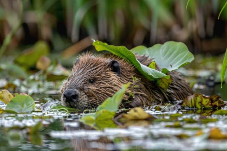 A close-up of a beaver swimming in a pond, surrounded by lush greenery and aquatic plants.