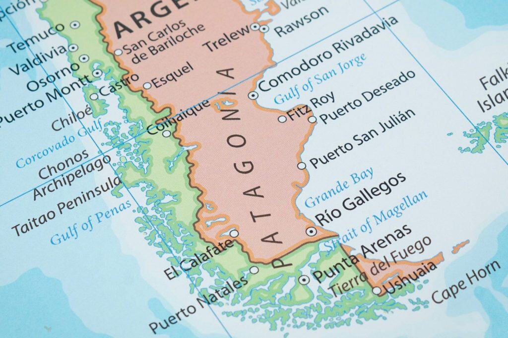Close up to a Patagonia region in south of south america political map with country frontiers and most importants cities