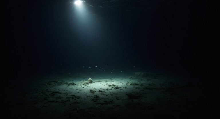 A beam of sunlight pierces the dark ocean, illuminating the sandy seabed and small fish. The scene evokes mystery and the unknown depths.