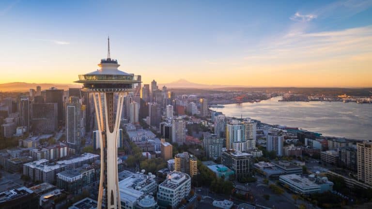 Seattle Cityscape Skyline Mount Rainier Aerial View, Washington, USA