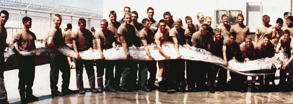 This photograph was alleged to show U.S. servicemen in Laos during the Vietnam War with a captured Mekong Dragon, Phaya Naga, Mekong Naga, or enormously overgrown eel. It was widely circulated in Laos ([1]). The photograph was actually taken in 1996 and shows a giant oarfish (Regalecus glesne) found on the shore of the Pacific Ocean near San Diego, California. This extremely rare specimen was 23 ft (7.0 m) long and weighed 300 lb (140 kg). The original photograph can be seen on page 20 of the April 1997 issue of All Hands.