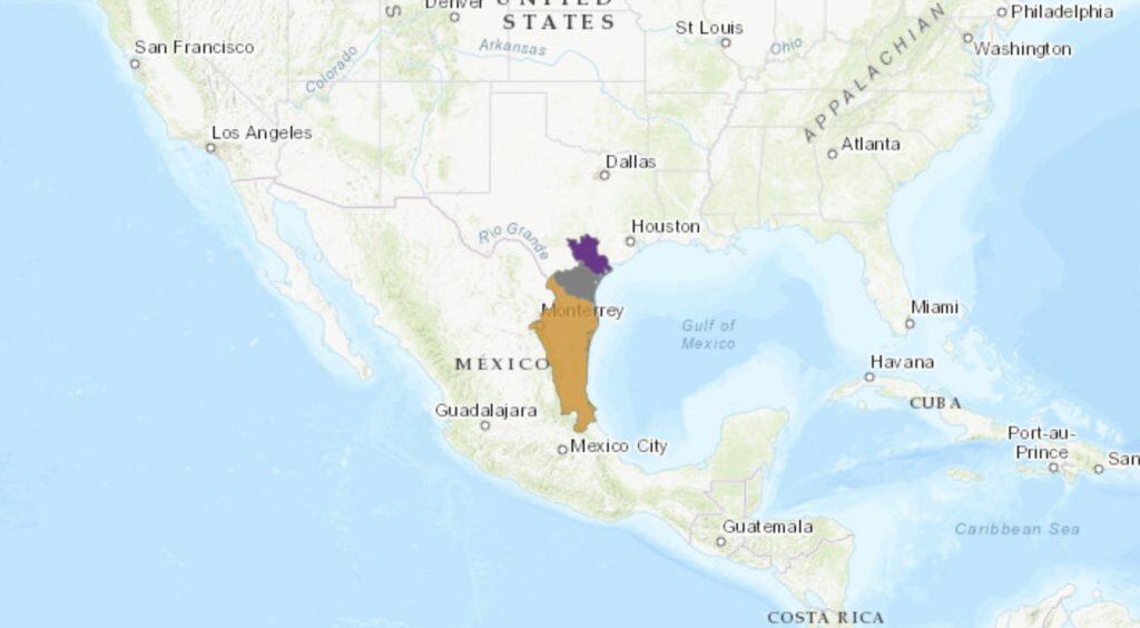 Range of Poecilia formosa by the IUCN Red List. The orange region represents its natural range, the purple region its introduced range, and the grey region its range of unknown origin (either natural or introduced).