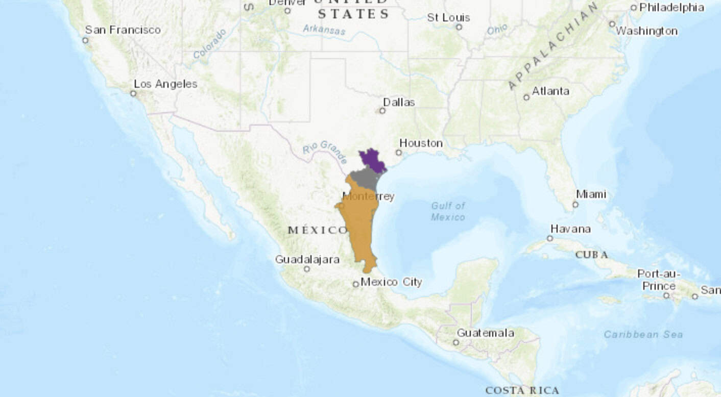 Range of Poecilia formosa by the IUCN Red List. The orange region represents its natural range, the purple region its introduced range, and the grey region its range of unknown origin (either natural or introduced).