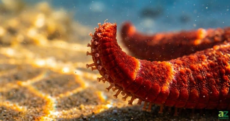 A close-up view of a vibrant red starfish arm underwater, showing small tube feet extending from its textured surface.