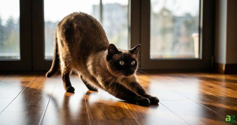 A dark-pointed Siamese cat performs a deep stretch on a polished hardwood floor in a sun-drenched room.