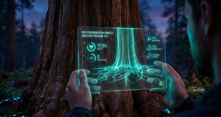 Hands hold a transparent holographic screen displaying a digital 3D model and health data of a massive tree in a twilight forest.
