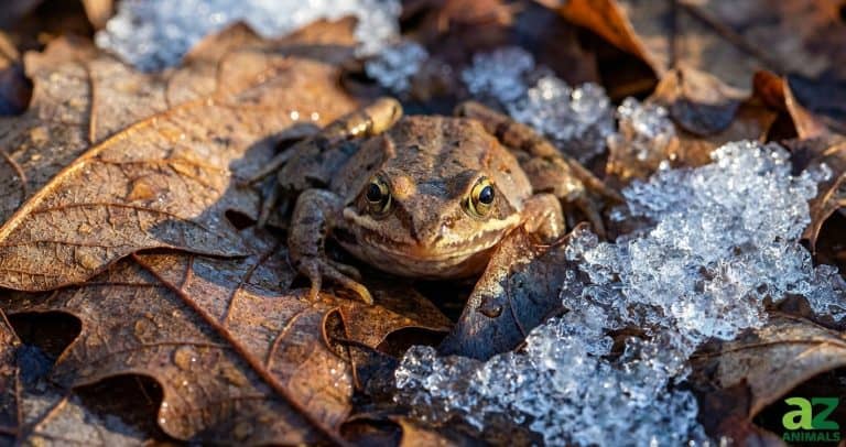 A brown wood frog sits among dried oak leaves and melting snow, its golden eyes reflecting the light.