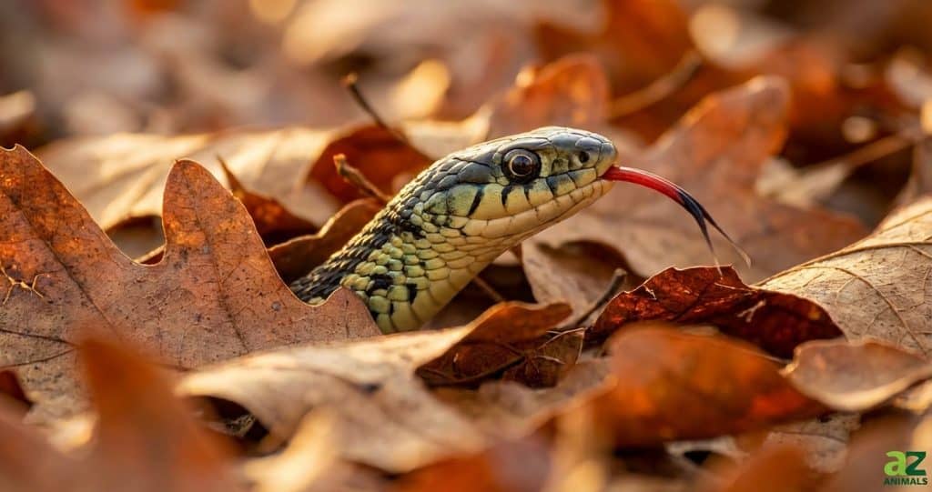 A close-up of a snake with its red tongue flicking out while peering through a layer of dried brown leaves.