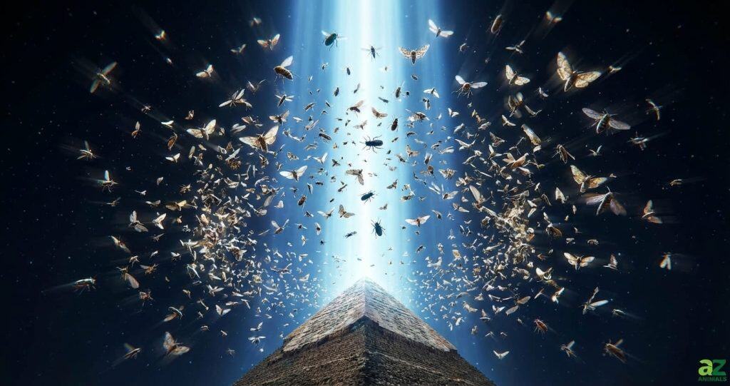 A powerful beam of light shoots up from the top of a pyramid into the night sky, surrounded by thousands of illuminated moths and flying insects.