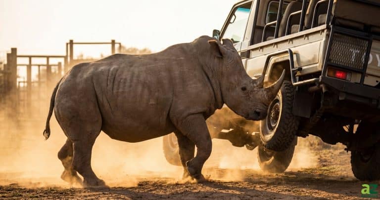 A white rhinoceros uses its powerful horn to lift the back wheel of a safari truck off the ground in a dusty outdoor enclosure.