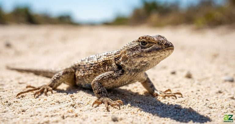 A brown textured scrub lizard stands alert on a sandy, unpaved road under bright sunlight.