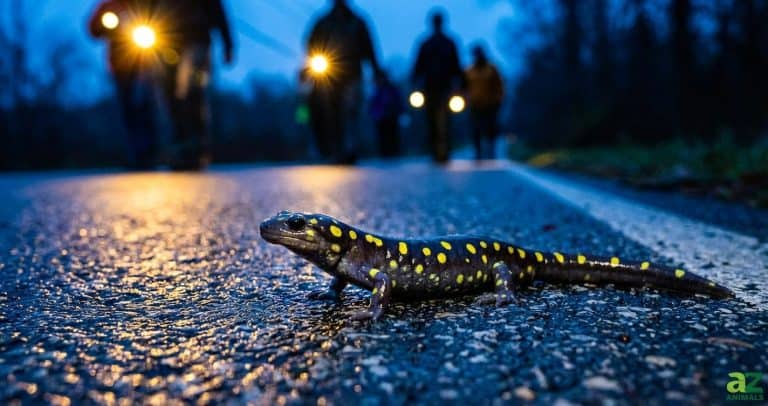 A close-up of a black salamander with bright yellow spots on wet asphalt at night, with blurry figures holding flashlights in the background.