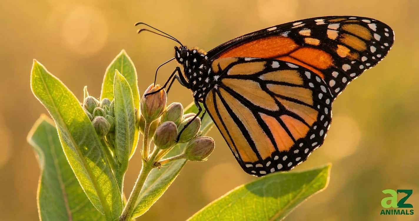 A Monarch butterfly with vibrant orange and black wings rests on a green flower bud against a glowing golden background.