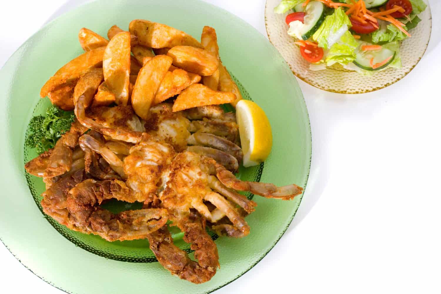 fried softshell crab dinner on plate