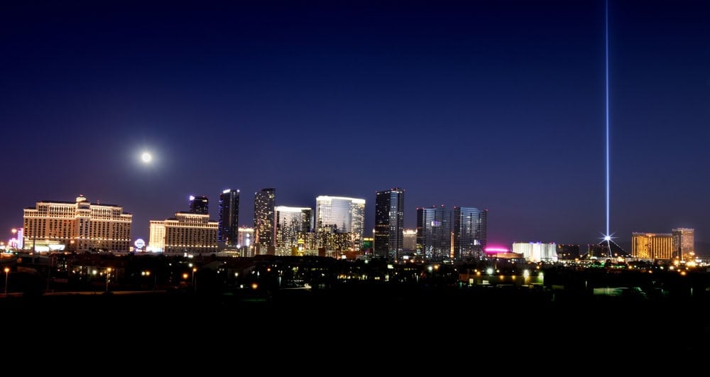The Las Vegas Strip and the Luxor beam of light.
