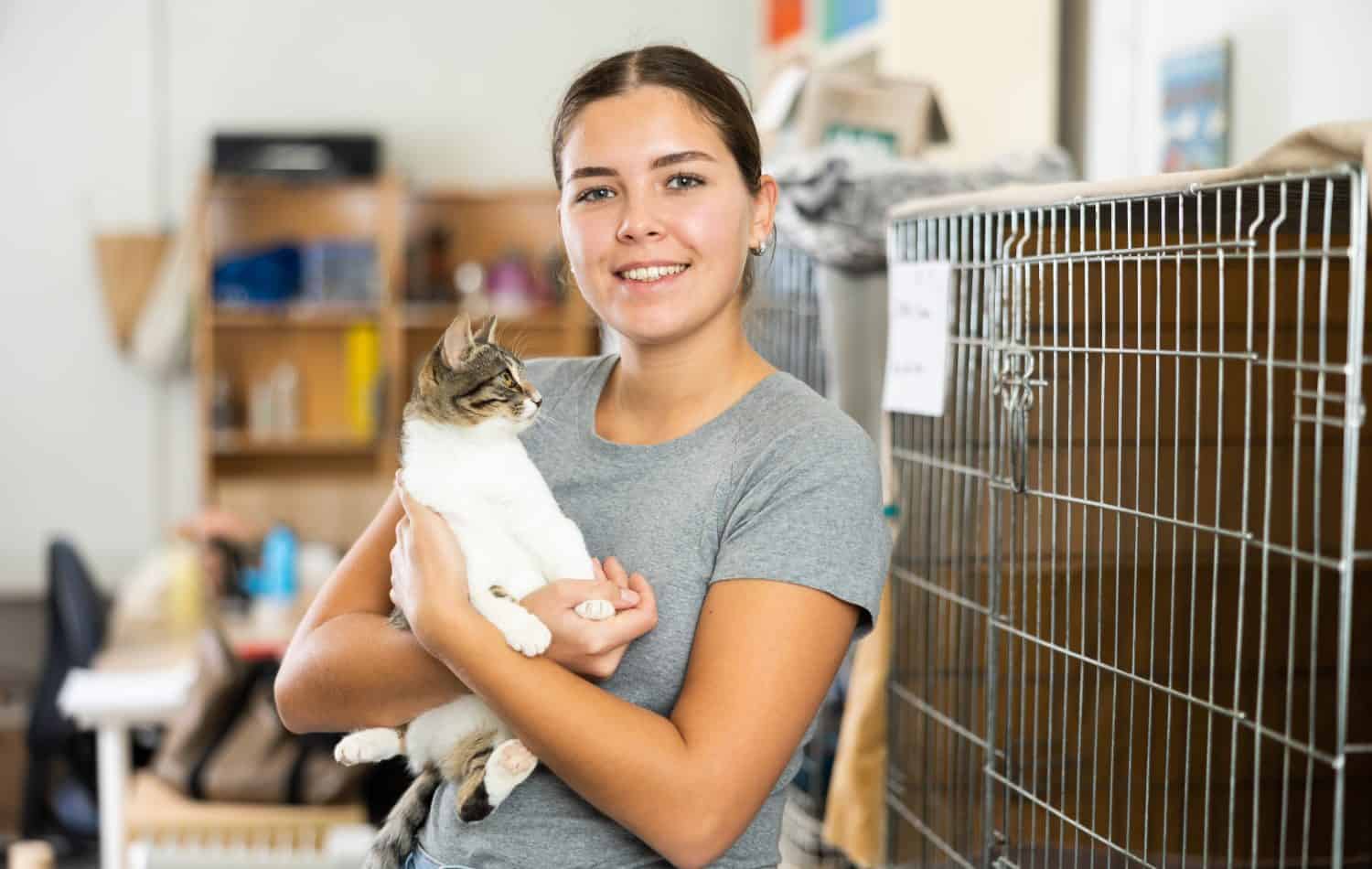 Happy caring young girl holding curious white and gray cat in arms while visiting shelter for abandoned animals. Pet adoption concept