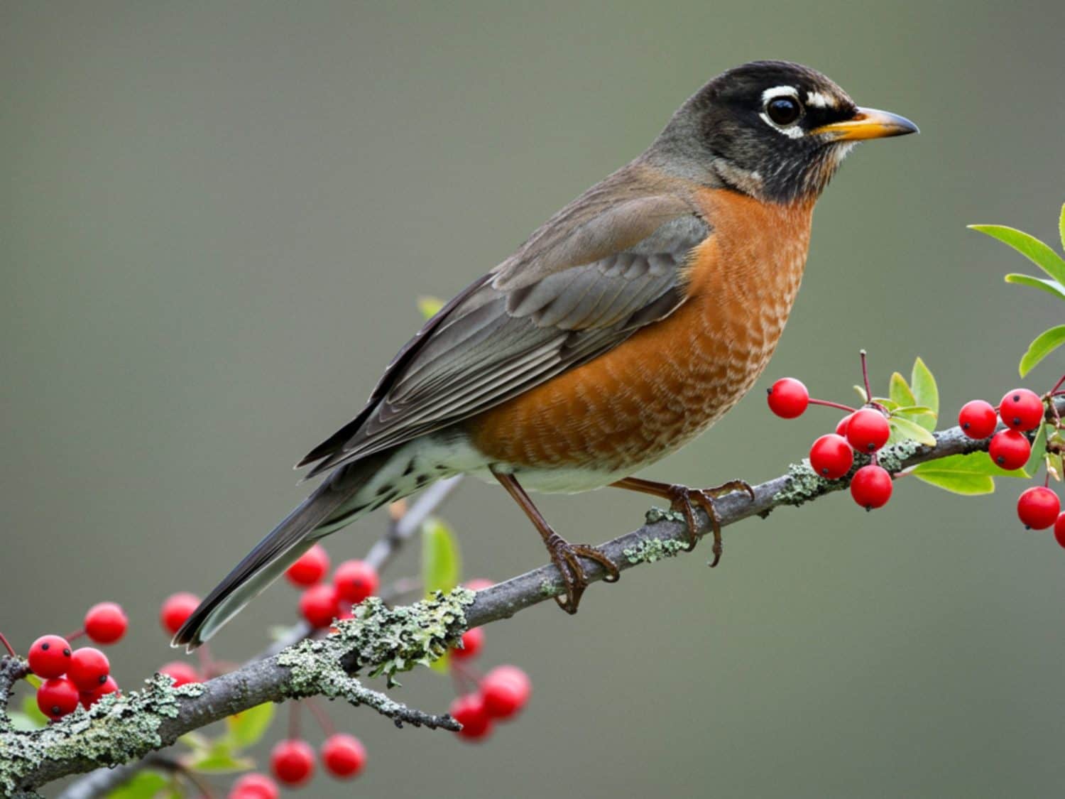American Robin(Turdus migratorius),American Robin bird.bird has a bright reddish-orange breast,a black head, and a yellow bill.It lives in North America