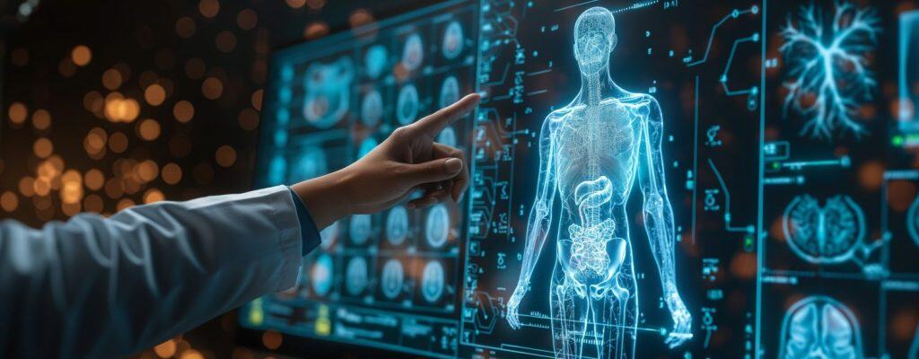 A doctor's hand points to a glowing, futuristic holographic display of a human skeleton and organs, showcasing advanced medical technology.
