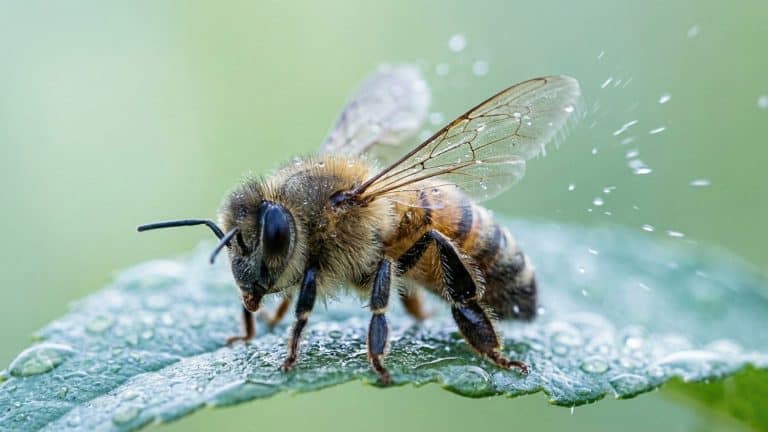 Extreme macro shot of a Honey Bee standing on a wet leaf with visible water droplets and splashing water, symbolizing pollination and freshness