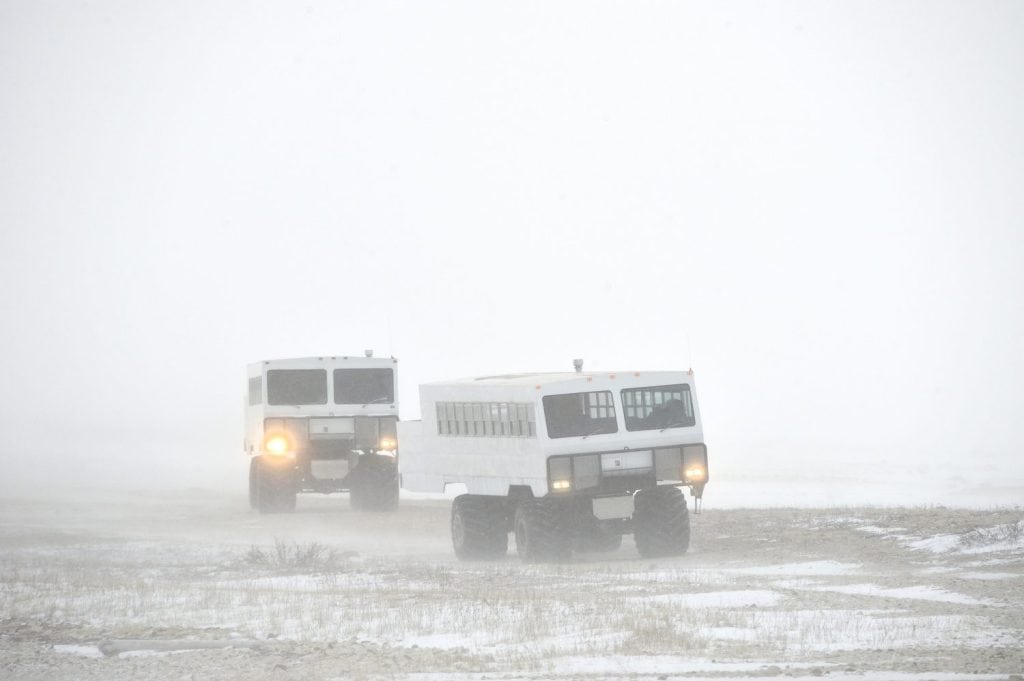 The all-terrain vehicle for snow trips to a snow blizzard in the tundra. Special car for the Arctic safari. Canada. Churchill National Park.