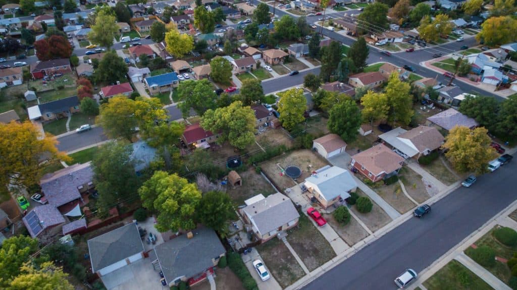 Aerial view of residential neighborhood in the Autumn.