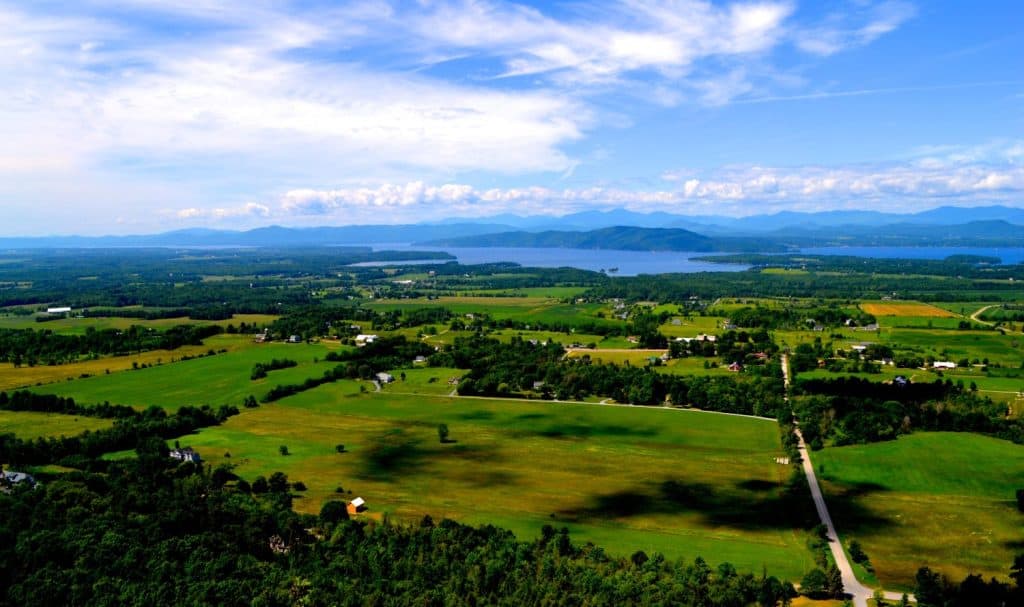 View of Lake Champlain and Adirondacks from Mt. Phillo in Charlotte, Vt