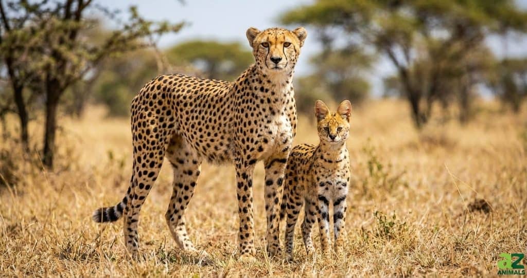A side-by-side comparison of a tall cheetah and a smaller serval standing in the African savanna. The serval has noticeably larger ears and bolder markings compared to the cheetah's slender frame.