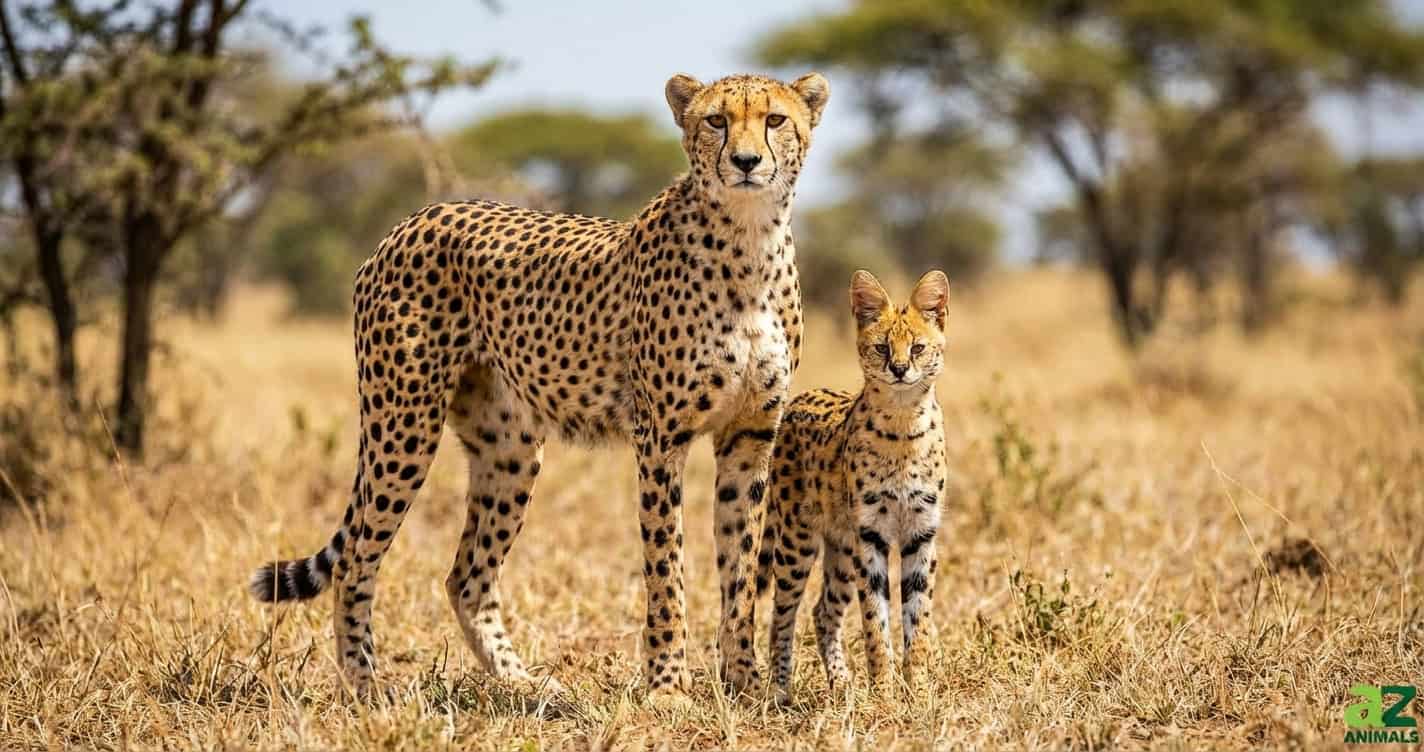A side-by-side comparison of a tall cheetah and a smaller serval standing in the African savanna. The serval has noticeably larger ears and bolder markings compared to the cheetah's slender frame.