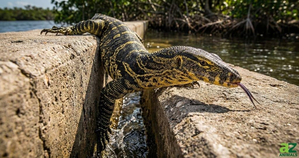 A large, patterned Nile monitor lizard climbs a concrete wall next to a waterway with its tongue flicked out.