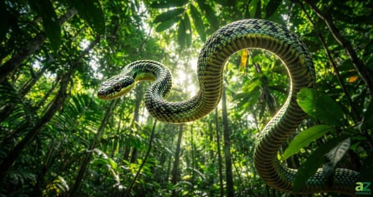 A green patterned snake glides through a sunlit tropical forest canopy with its body curved in a large S-shape.