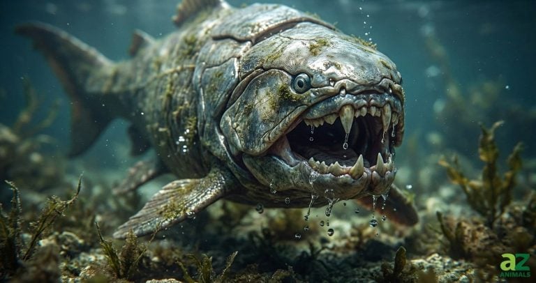 Close-up of a prehistoric armored fish with sharp bony jaws swimming in a dark underwater scene with bubbles.