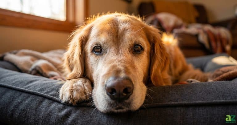 A close-up of an elderly Golden Retriever with a white face resting on a dark grey dog bed in a sunlit room.