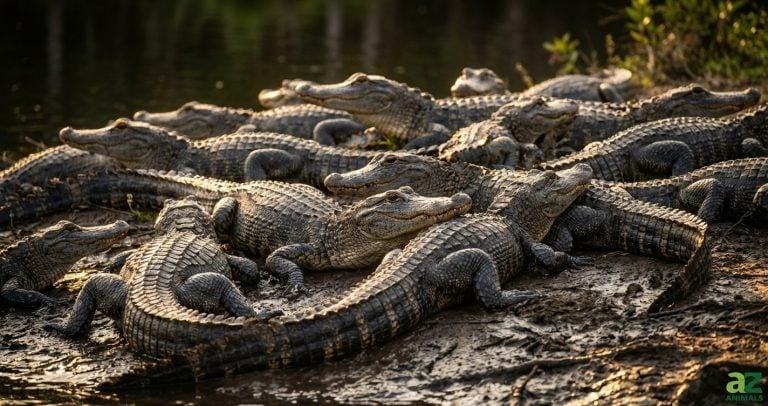 A large cluster of alligators huddled together on a muddy bank near water during sunset.