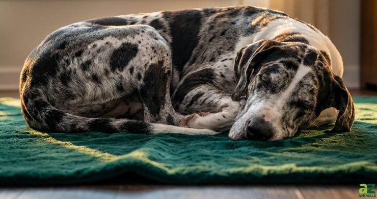 A black and white spotted Great Dane sleeps soundly, curled up on a textured green rug in a sunlit room.