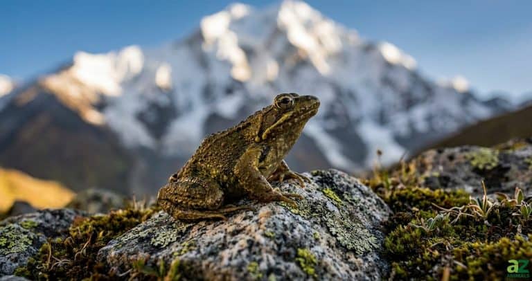 A textured toad rests on a lichen-covered rock with a towering, snow-covered mountain peak in the blurred background.