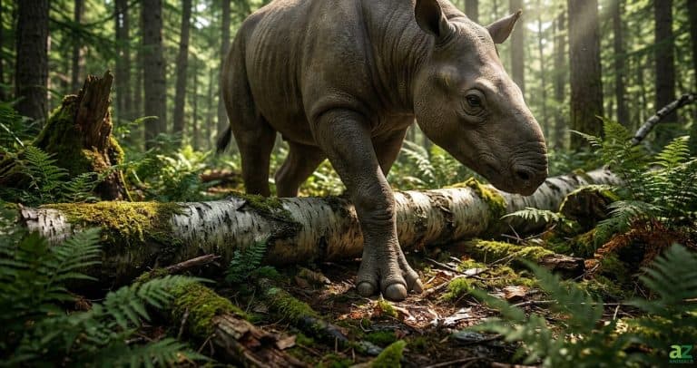 A prehistoric hornless rhino steps over a fallen tree in a lush green forest with sunlight streaming through the trees.