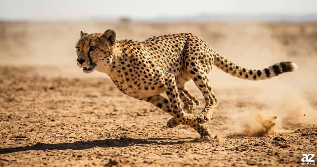 A cheetah sprinting across a dusty, arid plain, its muscular body low to the ground and its spotted fur clearly visible against the blurred desert background.