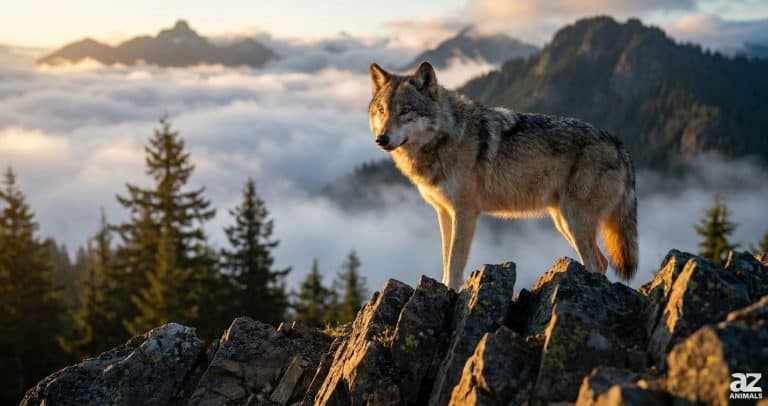 A gray wolf stands on a rocky mountain peak overlooking a misty valley filled with clouds at sunrise.