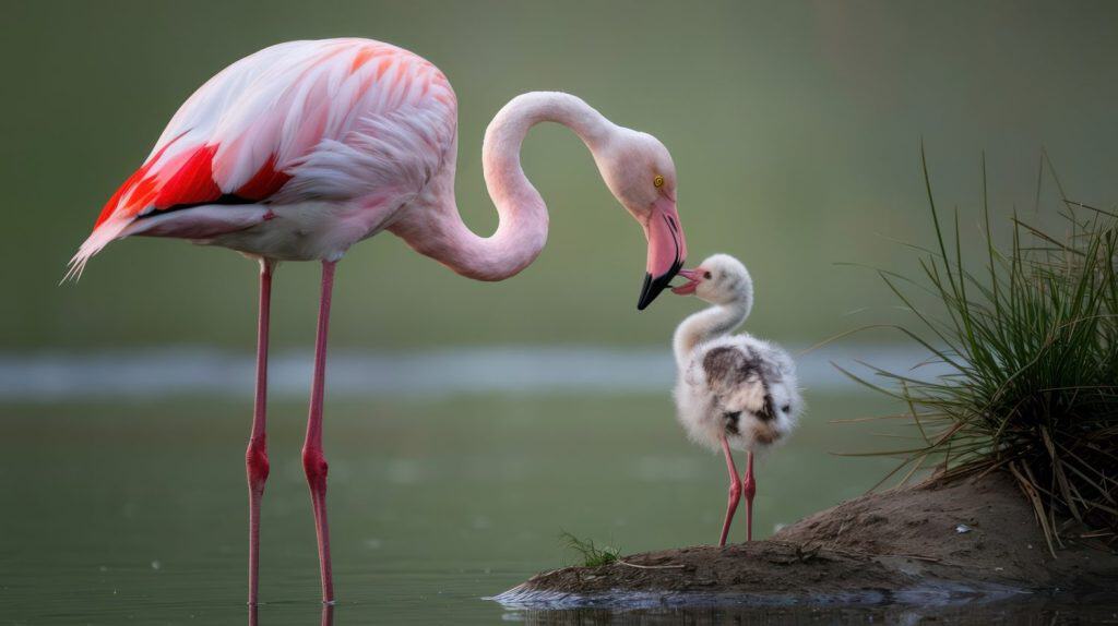 Flamingo and chick sharing a tender moment by the water