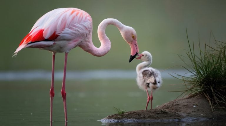Flamingo and chick sharing a tender moment by the water