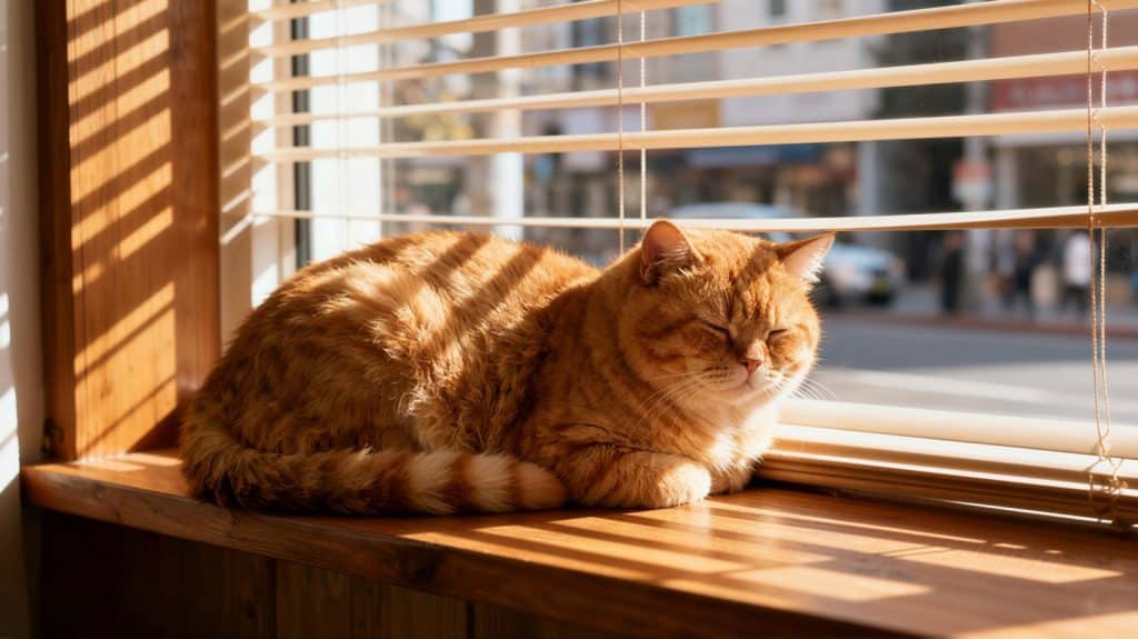 An adorable ginger cat is curled up and basking in a patch of warm sunlight streaming through the window blinds.