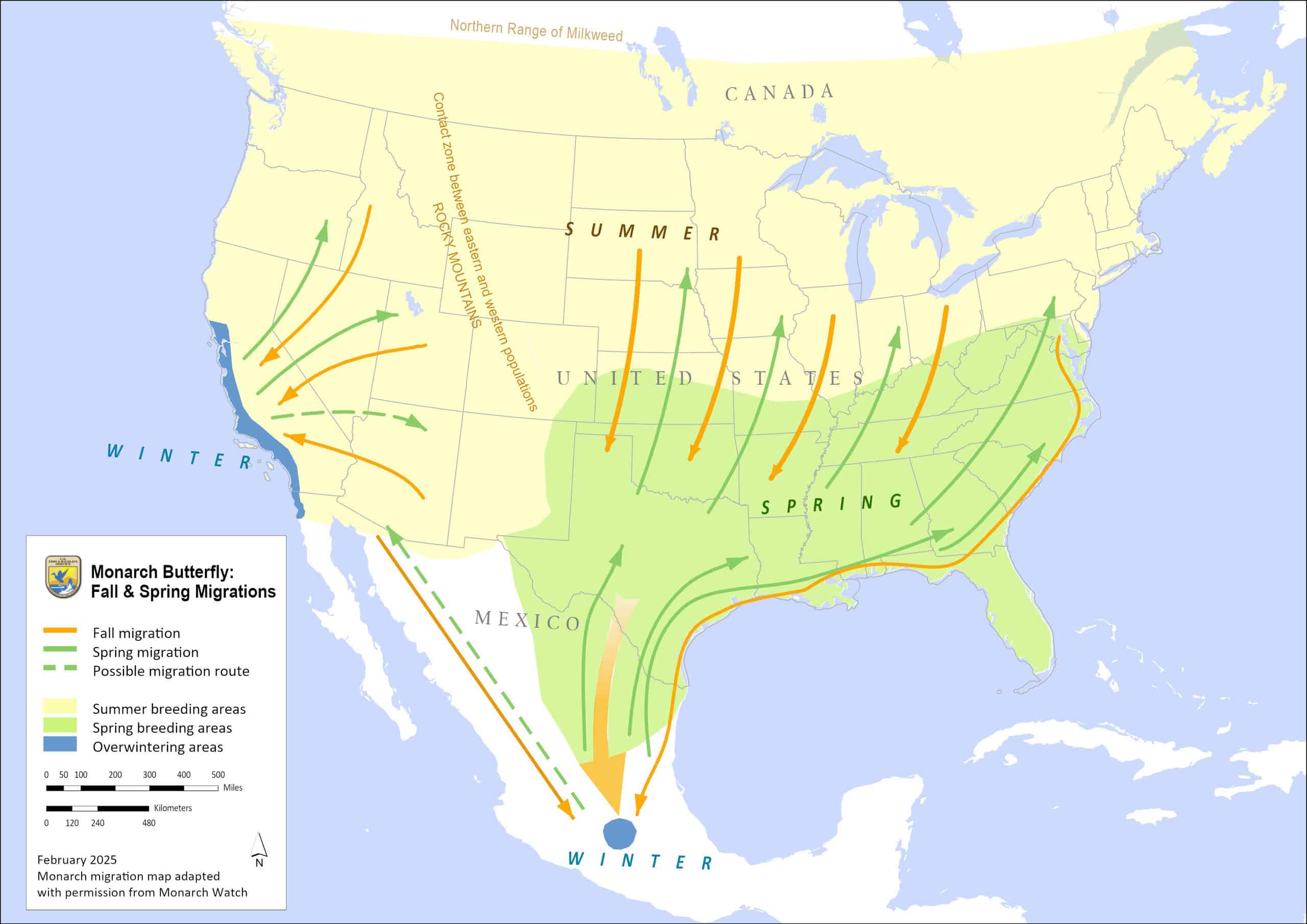Monarch butterfly, migration, Danaus plexippus, migration map
