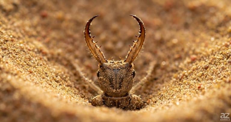 Macro close-up of an antlion larva with large, sickle-shaped jaws emerging from the bottom of a sandy pit.