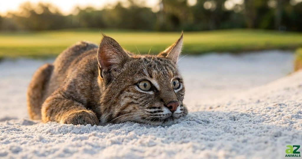 A close-up of a bobcat crouching low in a white sand bunker on a golf course, looking alert and focused.