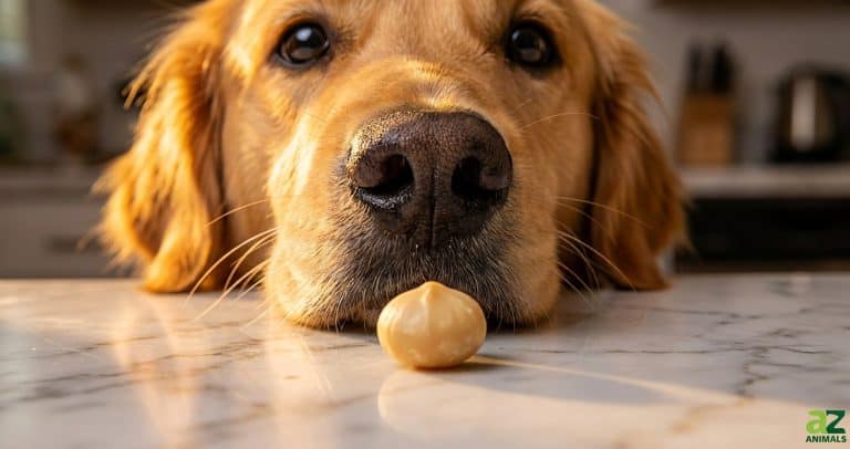 A close-up view of a golden retriever's nose and whiskers as it leans in to sniff a macadamia nut on a marble countertop.