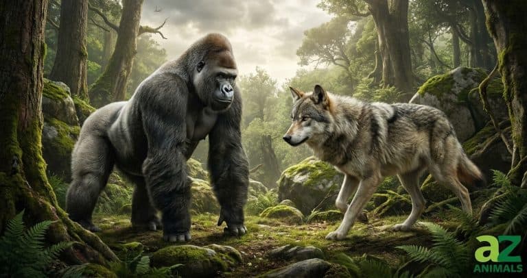A powerful silverback gorilla and a grey wolf stand face-to-face in a dense, mossy forest clearing.