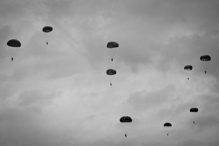 D-Day celebrations, parachutists, planes and Dakotas above Europe, France, Belgium, Great Britain and the Netherlands during the battle of Normandy (DDay, D'Day, World War II or 2 or Second World War)